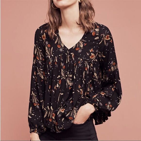 Holding Horses Anthropologie Black with Orange Floral Print Flowy Long Sleeve Bl - Picture 1 of 10
